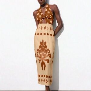 🌸Brown and Cream Geometric Patterned Halter Dress NWOT